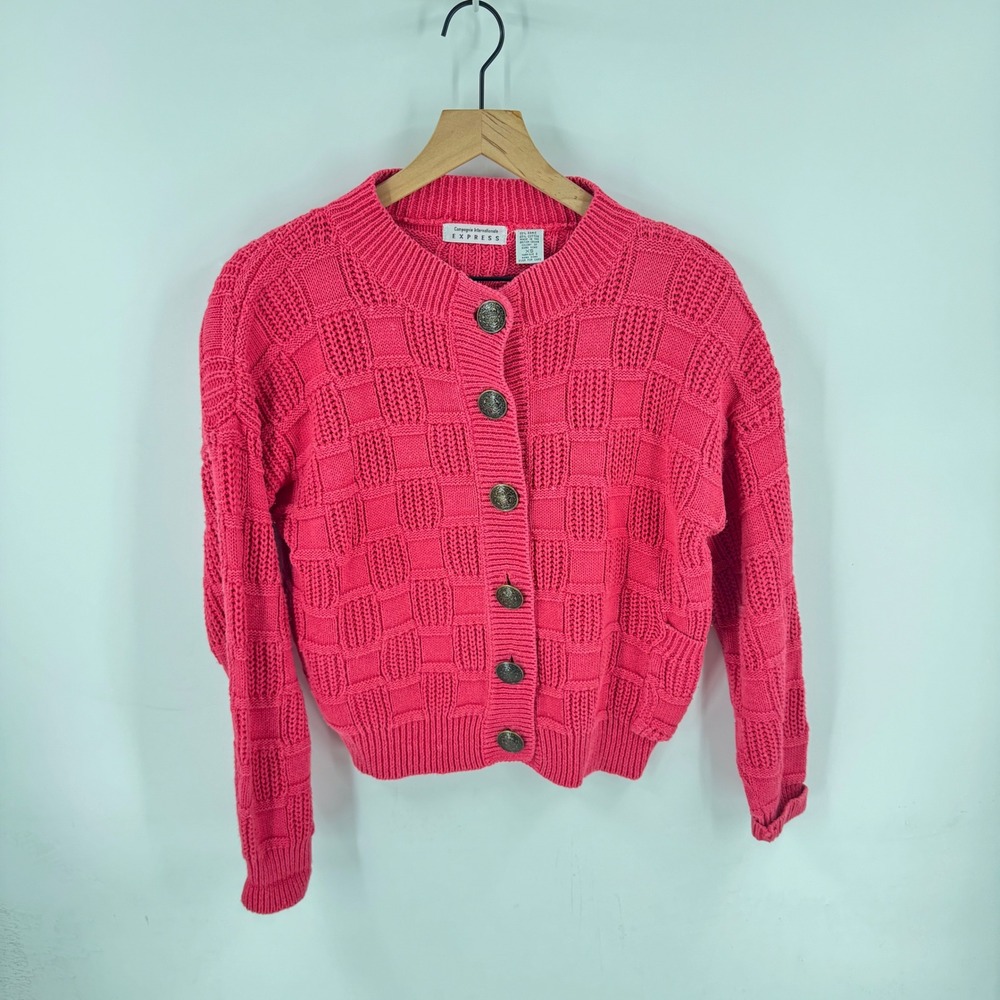 Vintage Express Ramie Cotton Textured Knit Button Cardigan Pink Size XS